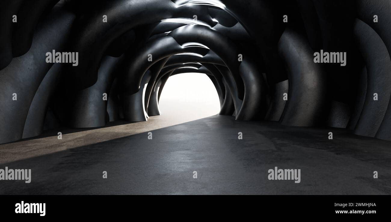 Dunkler Tunnel mit zahlreichen schwarzen Rohren 3D-Darstellung Stockfoto