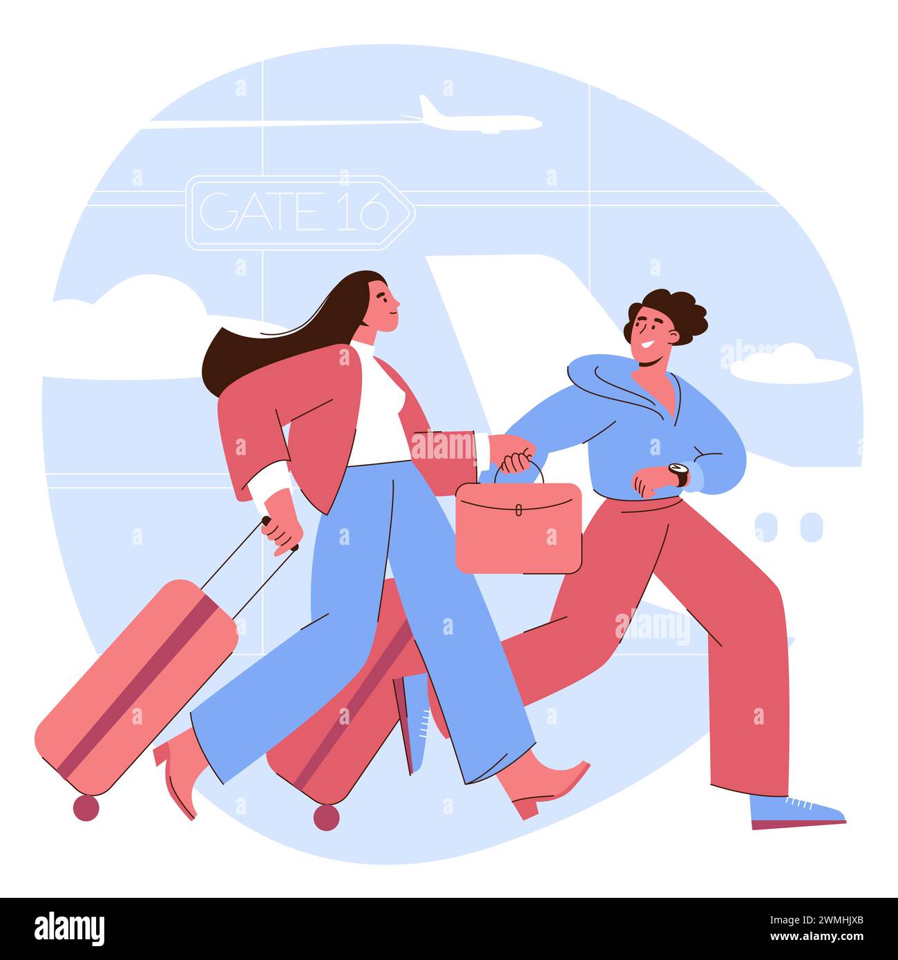 Das Paar rennt in Eile zum Boarding Stock Vektor