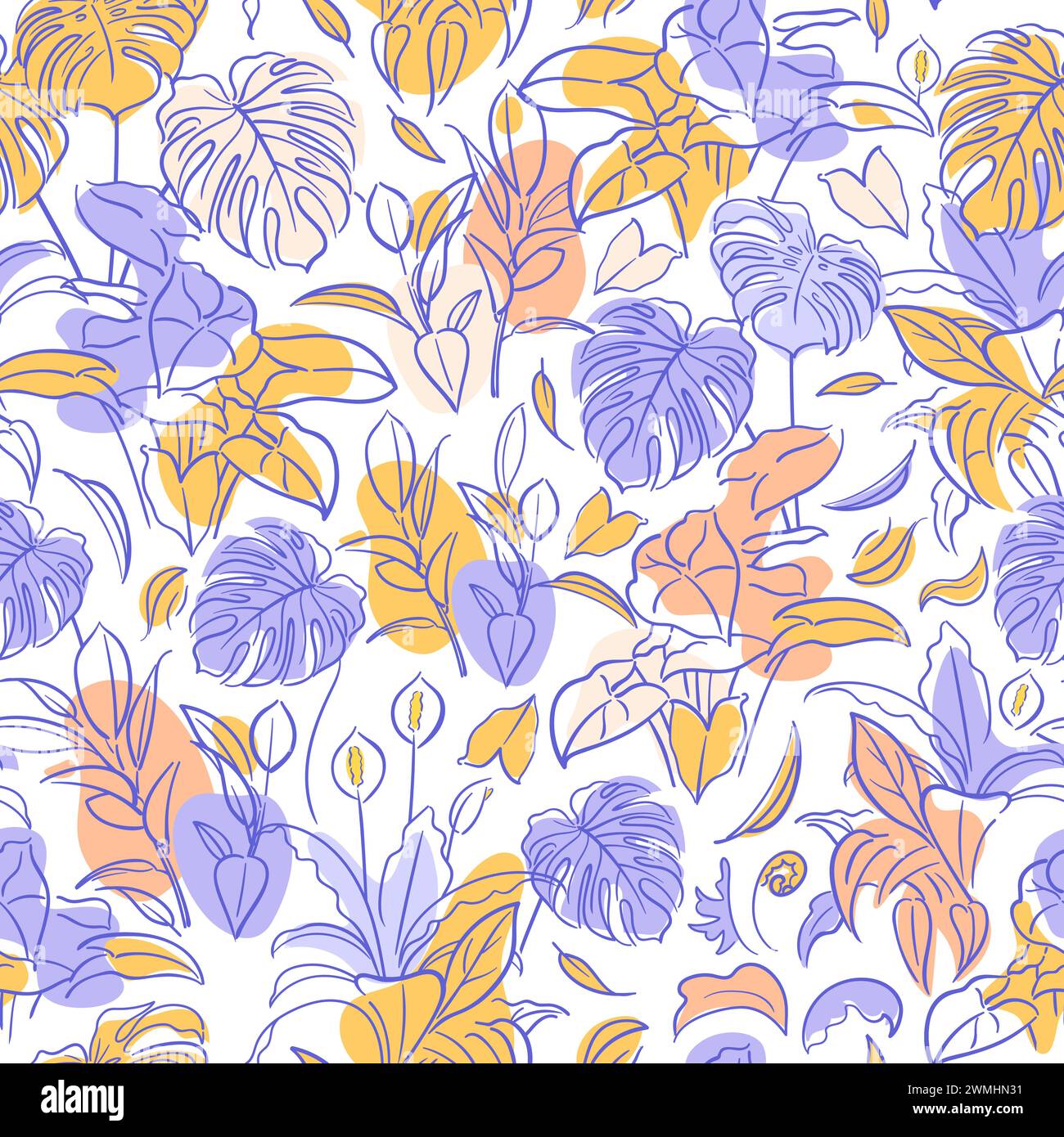 Ficus, Syngonium, Monstera, Spathiphyllum. Nahtloses Muster. Exotische Pflanze. Häusliche Blumenzucht, Hauspflanzen, Hobby. Botanische Illustration in Handzeichnung Stock Vektor