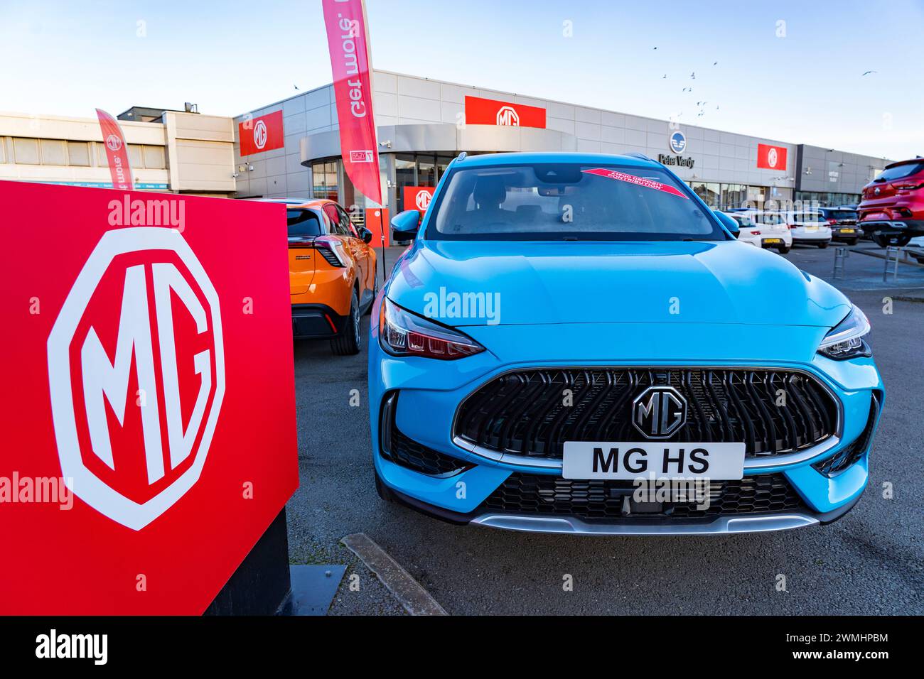 Edinburgh, Schottland, Großbritannien. Februar 2024. Neue importierte chinesische Elektroautos auf den Vorplätzen der Autohäuser in Edinburgh. Erste Lieferungen an Händler der chinesischen Marke BYD ( Build Your Dreams) sind eingetroffen, und die europäischen Automobilhersteller befürchten, dass die Chinesen kostengünstige, hoch staatlich subventionierte Elektroautos in Europa abwerfen und damit die Zukunft der europäischen Automobilindustrie gefährden werden. Iain Masterton/Alamy Live News Stockfoto