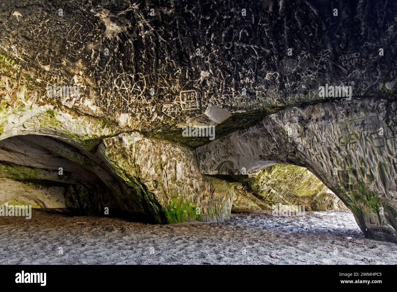 Gravuren in den Sandhöhlen, Sandsteinhöhlen im Wald genannt im Heers unterhalb der Felsen von Regenstein bei Blankenburg, Harz, Sachsen-Anhalt Stockfoto