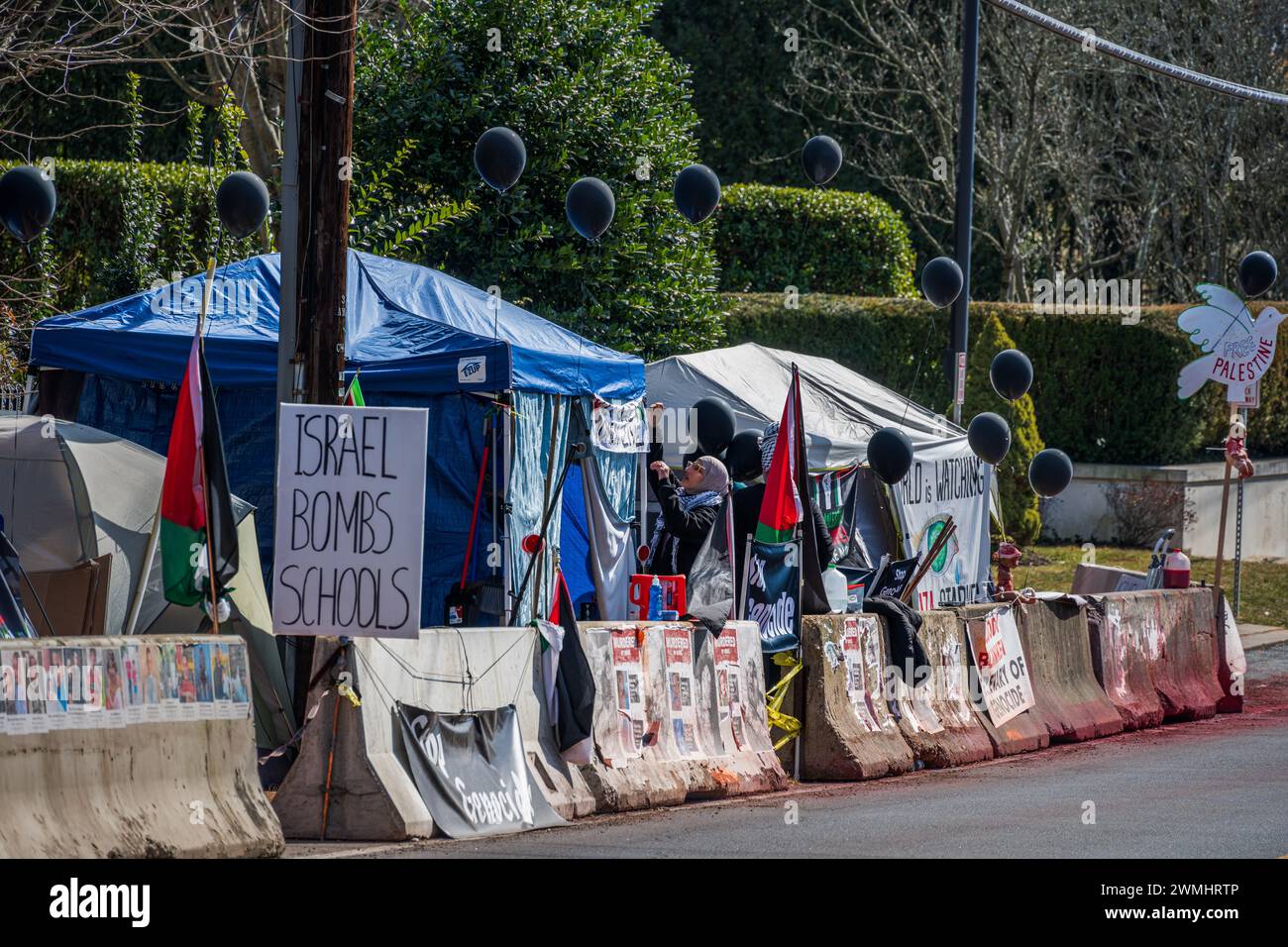 McLean, Virginia, USA -- 26. Februar 2024. Ein Foto einer Zeltstadt, die von Demonstranten aus dem Haus des US-Außenministers Anthony errichtet wurde. Stockfoto