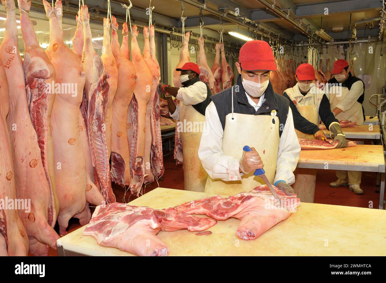 Arbeiter, die Fleisch in einer industriellen Metzgerei zubereiten Stockfoto