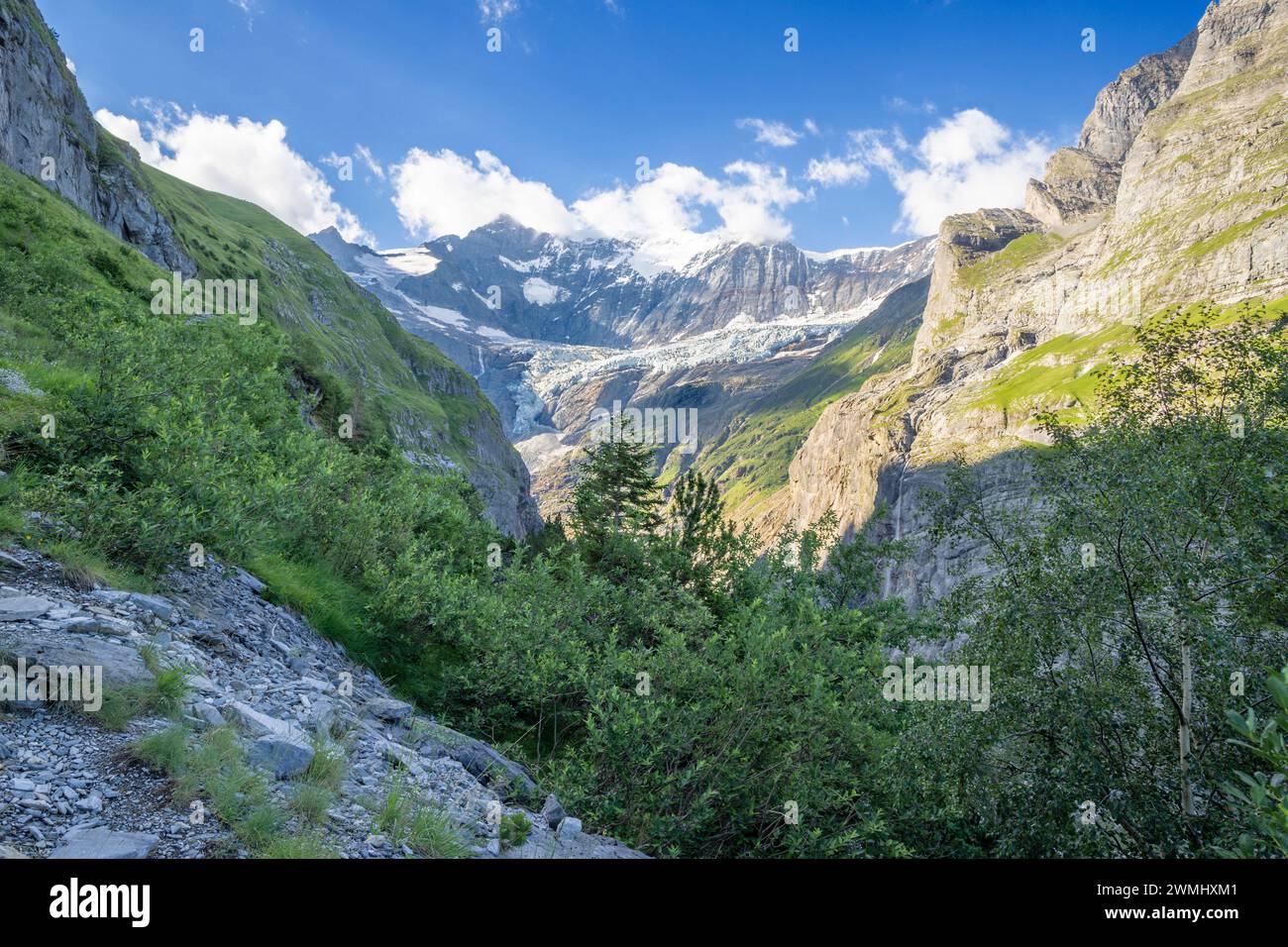 Das Massiv des Großen Fiescher Horns über dem Gletschertal - Schweiz - Grindelwald. Stockfoto