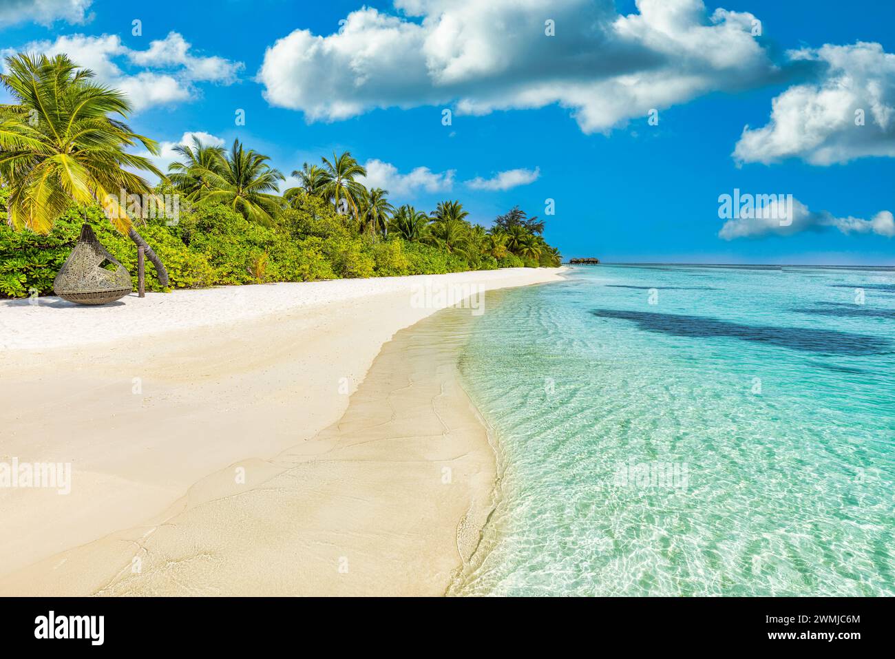 Herrliche Strandlandschaft im Sommer. Exotische Inselküste mit Palmen und weißem Sand in der Nähe des atemberaubenden blauen Meeres und der Lagune. Tropisches Naturparadies Stockfoto