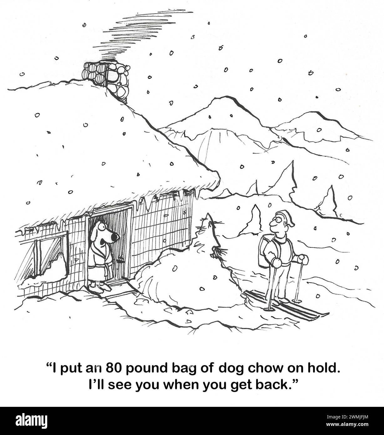 BW Cartoon eines Schneesturms und eines Hundes im Gewand, der mit seinem Besitzer spricht. Der Besitzer ist auf Skiern. Der Hund will 80 Pfund Chow zurückbringen. Stockfoto