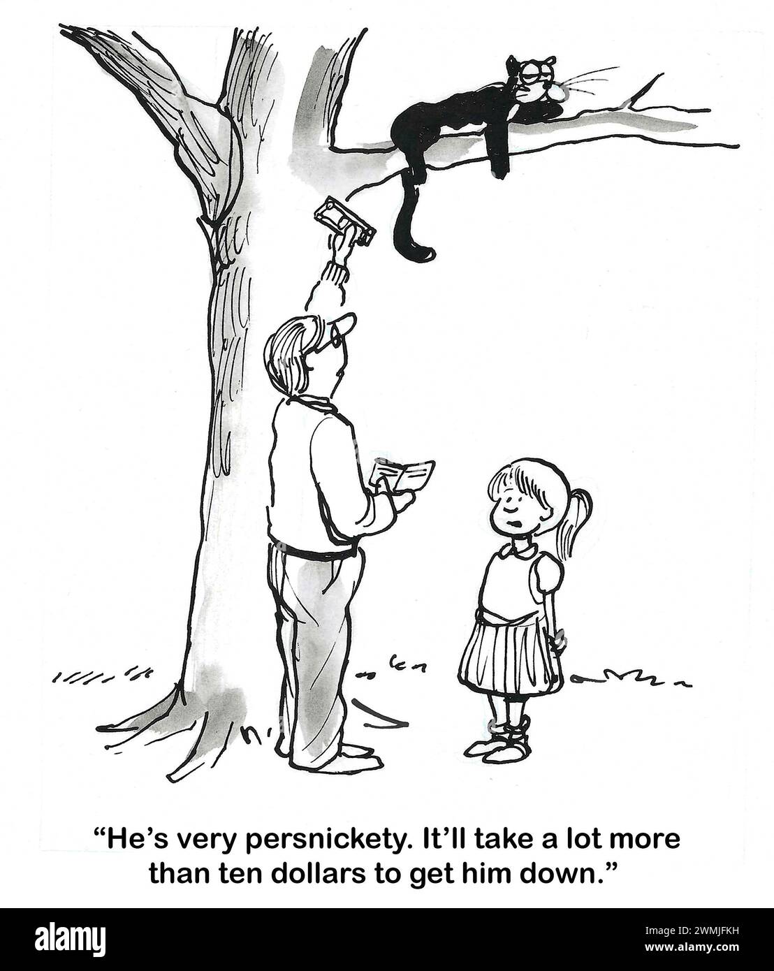 BW-Cartoon einer Katze auf einem hohen Baumschenkel. Der Vater bietet der Katze 10,00 Dollar an, um runterzukommen. Die Tochter sagt: "Es wird viel mehr brauchen." Stockfoto