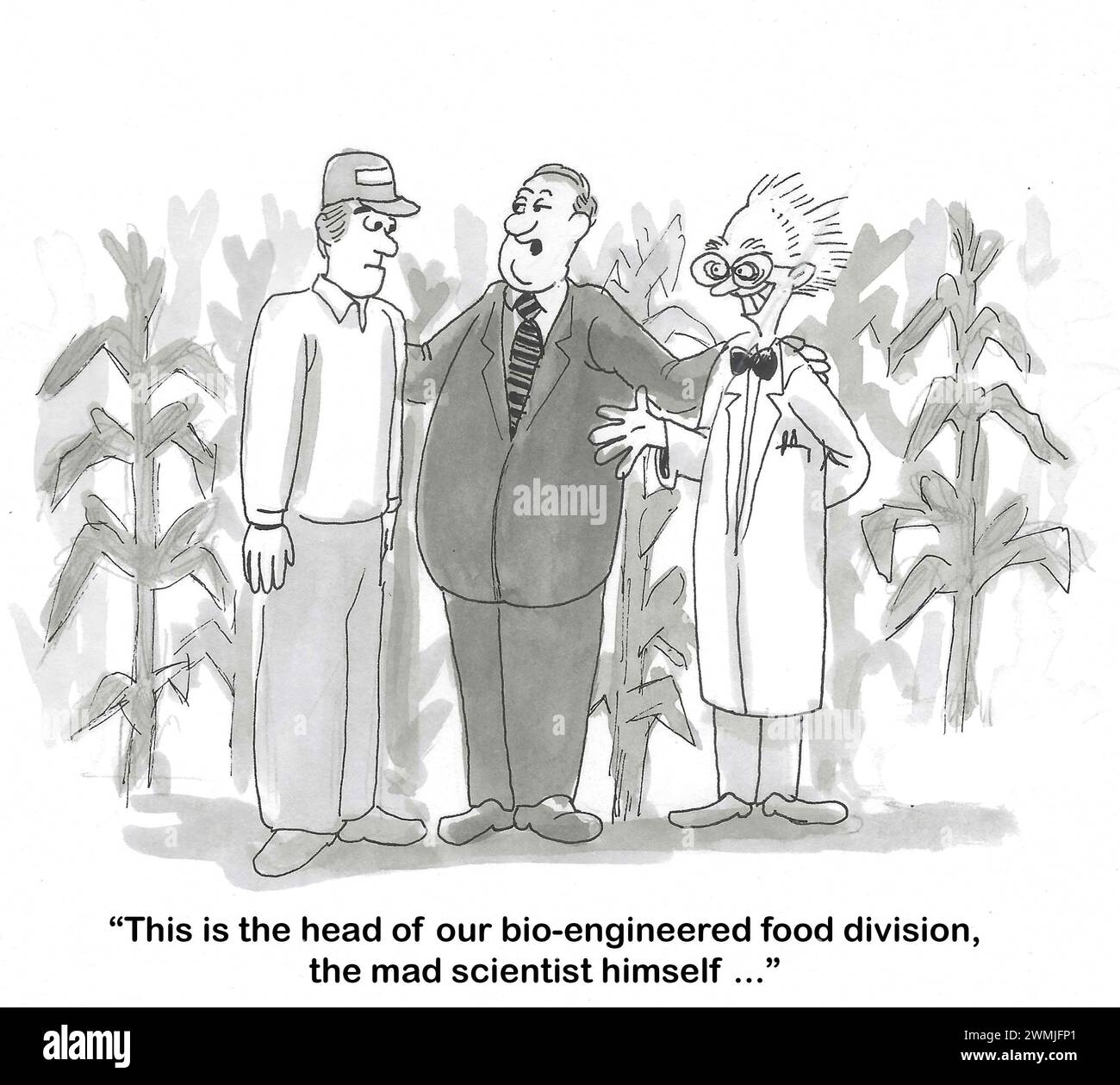 BW Cartoon eines Maisfeldes und eines Bauern, Verkäufers und „verrückten Wissenschaftlers“. Der Wissenschaftler ist der Leiter der Abteilung für Bio-technische Lebensmittel. Stockfoto