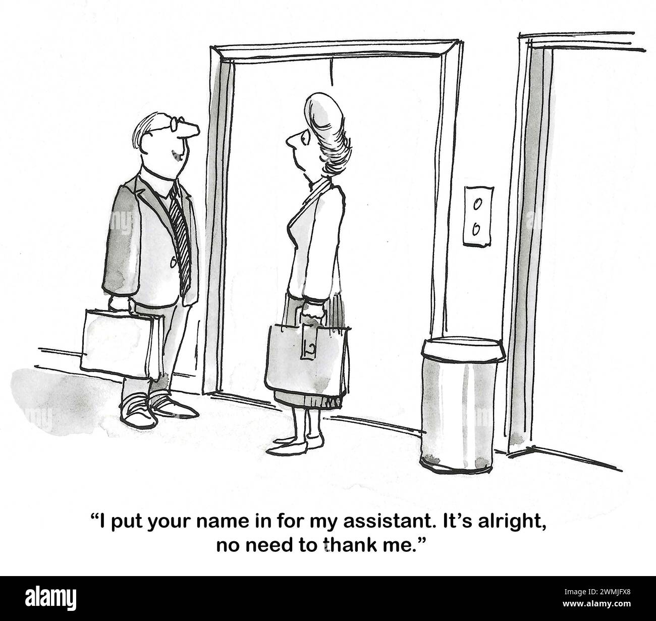 BW-Cartoon eines männlichen Bosses, der weiblichen Profis erzählt, dass er ihren Namen als Assistentin für ihn eingesetzt hat. Stockfoto