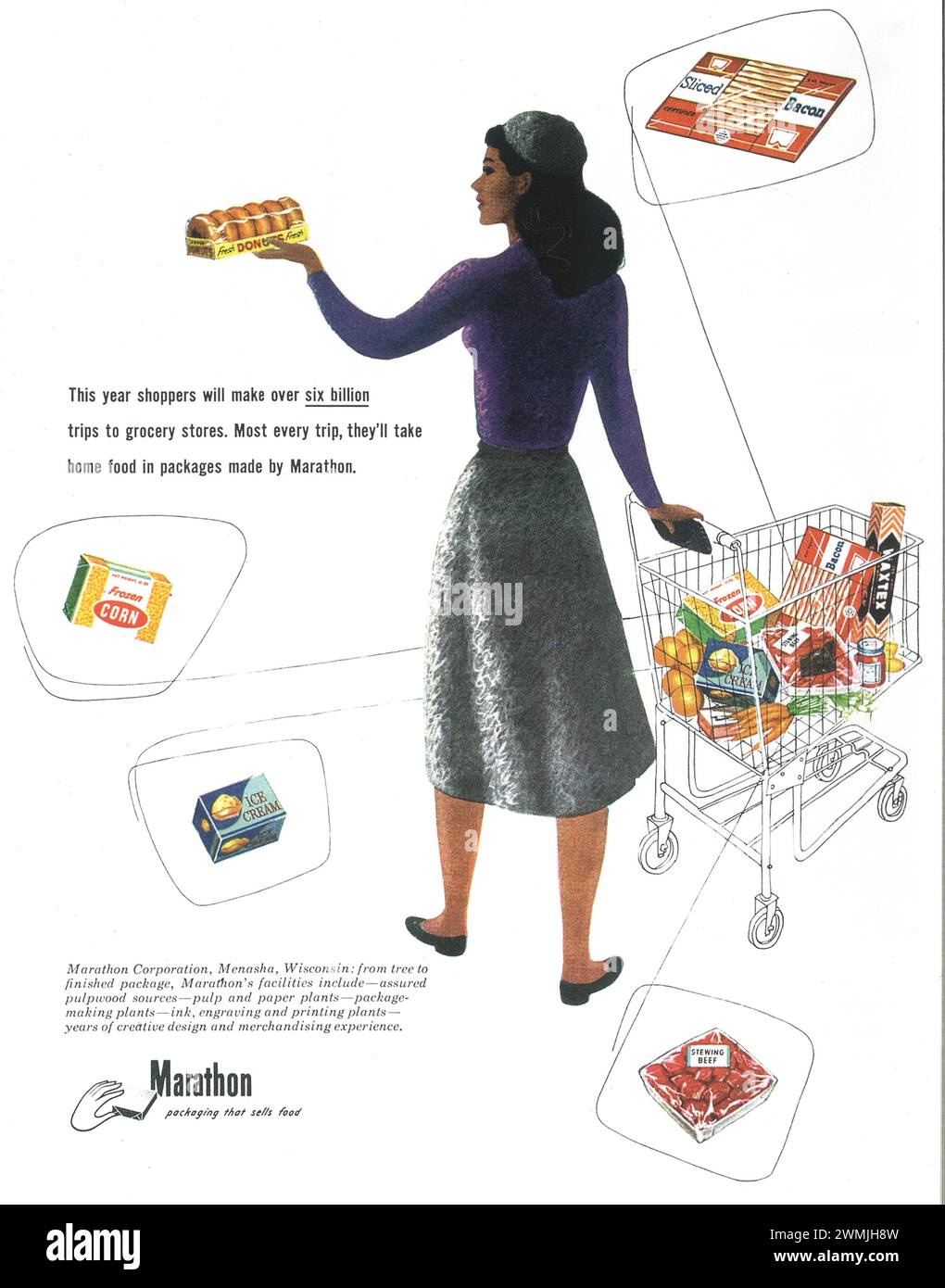 Printwerbung für Lebensmittelverpackungen im 1950er-Jahre-Marathon Stockfoto