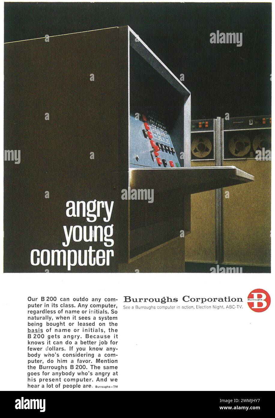 1963 Burroughs B 200 Computerwerbung. „Wütend auf Ihren Computer.“ Stockfoto