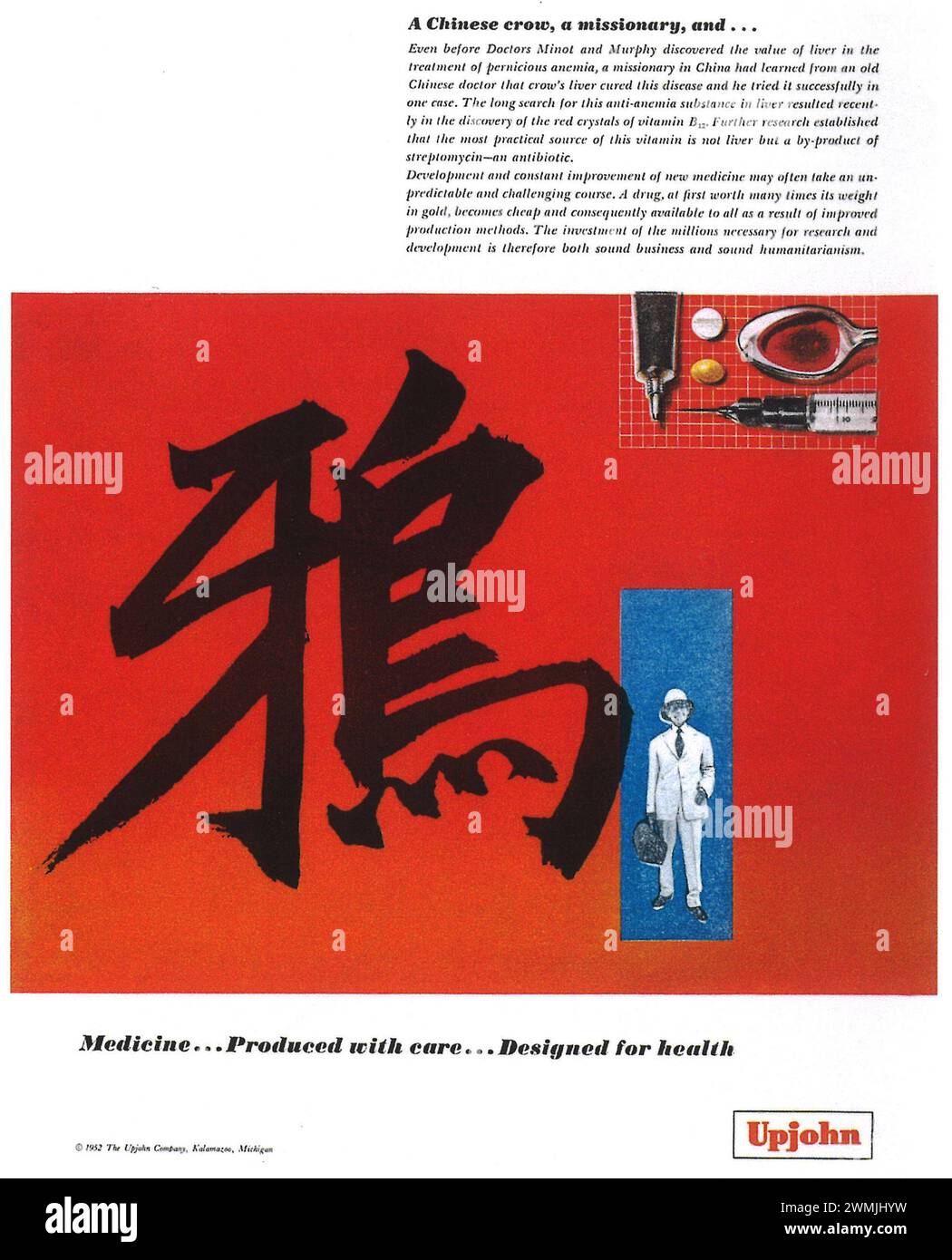 1952 Upjohn Printwerbung „Eine chinesische Krähe, ein Missionar, und...“ Stockfoto