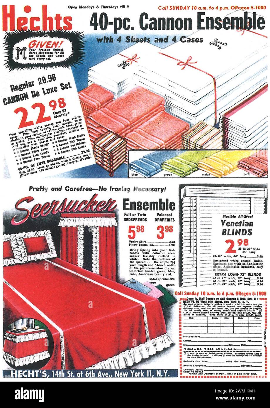 1952 Hecht's Department Store Möbeldruck Werbespot Hecht's 40-teiliges Cannon Ensemble Stockfoto