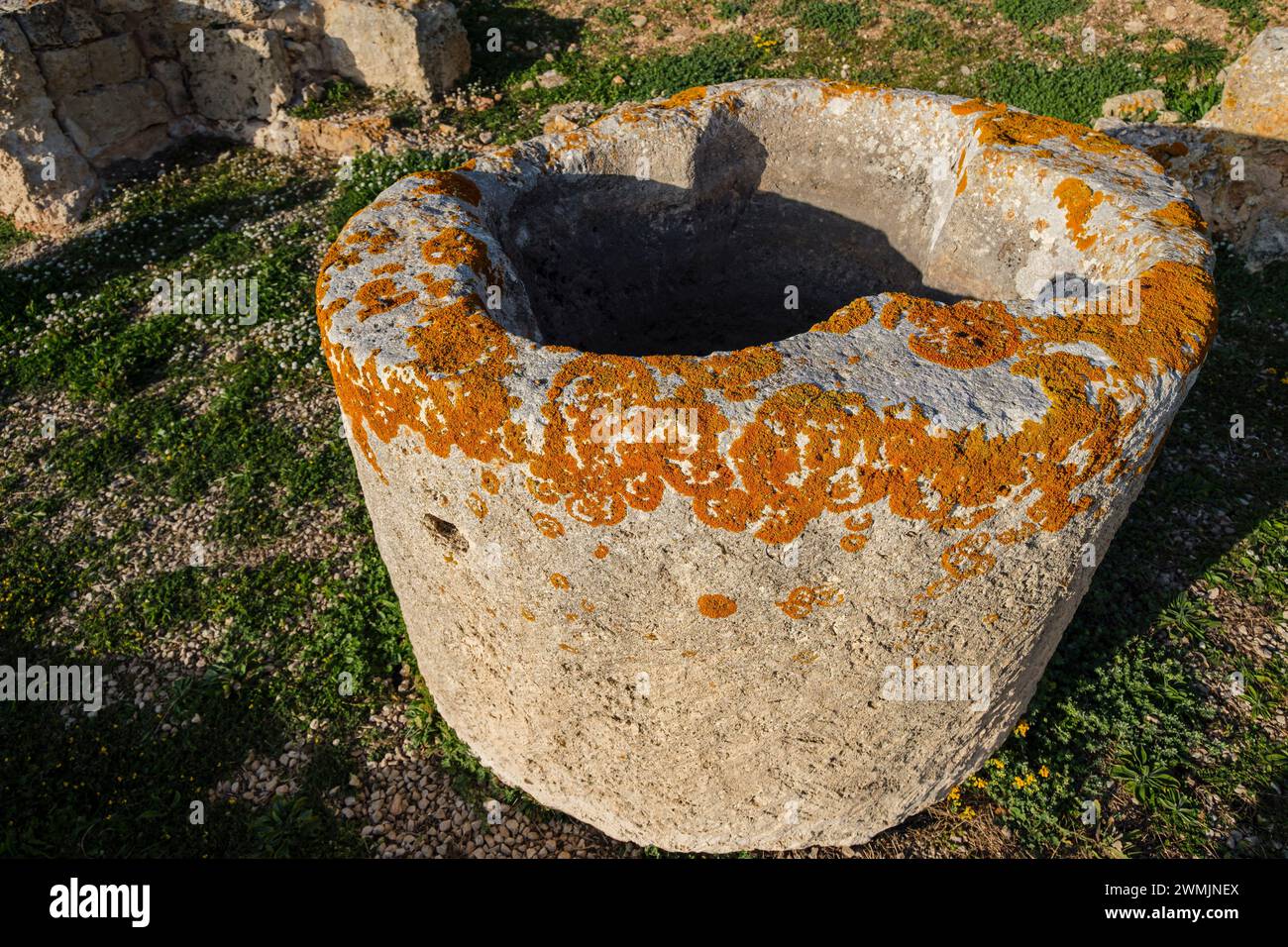 Taufbecken, frühchristliche Basilika Son Bou, 5. Jahrhundert, Strand Son Bou, Alayor, Menorca, Balearen, Spanien Stockfoto