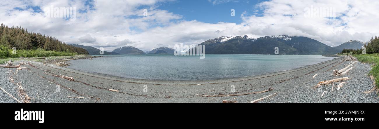 Panoramablick auf Treibholz am Strand und East Chilkat Inlet vom Chilkat State Park, Haines, Alaska, USA Stockfoto