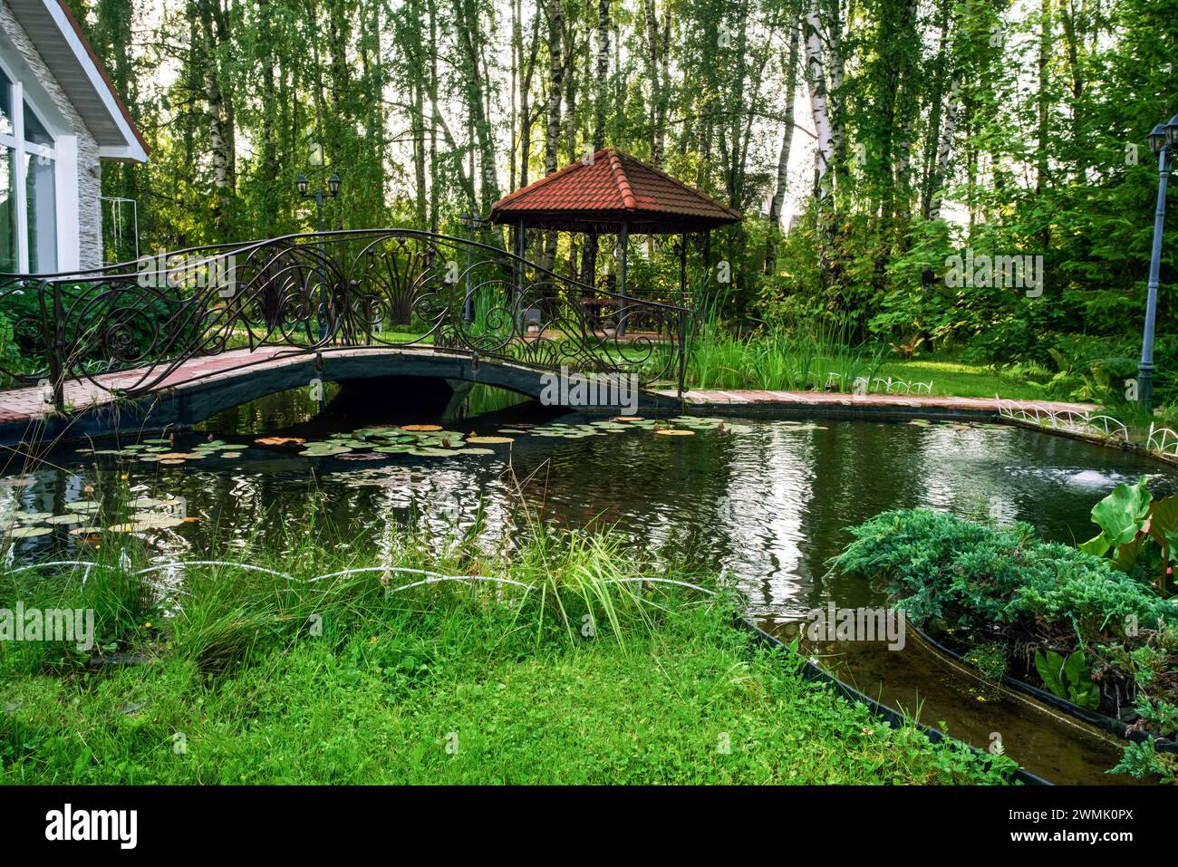 Awe Stone Bachbett und erstaunliches Grün des Landschaftsdesigns in der Oblast Moskau (neben Khimki) - fantastischer russischer Sommer. (Putin ist Feind des Summens Stockfoto