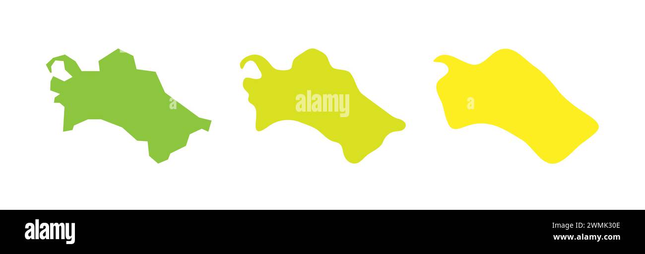 Türkmenistanisches Land schwarze Umrisse und farbige Land-Silhouetten in drei verschiedenen Ebenen der Glätte. Vereinfachte Karten. Vektorsymbole isoliert auf weißem Hintergrund. Stock Vektor