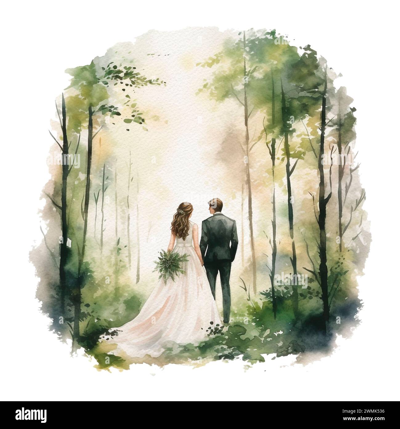 Aquarellsilhouette-Liebhaberpaar, das Hand im Wald hält. Aquarell-Hochzeitsillustration Stockfoto