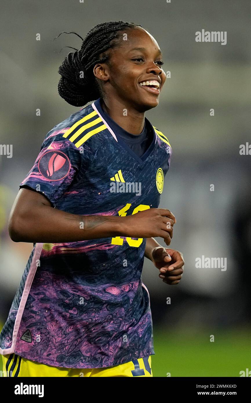 Colombia's Linda Caicedo celebrates after scoring a goal against Panama during the second half of a CONCACAF Gold Cup women's soccer tournament match, Wednesday, Feb. 21, 2024, in San Diego. (AP Photo/Gregory Bull) Stockfoto