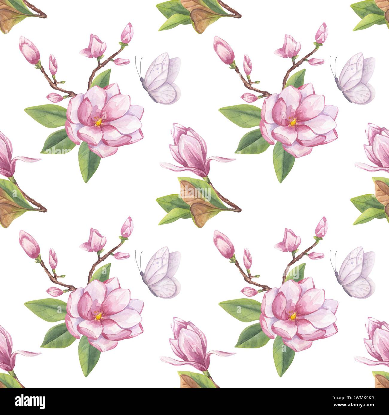 Nahtloses Muster mit rosafarbener Magnolie. Zweigblume, Knospen, Blätter, weißer Schmetterling. Blühende Blumenklipsel. Handgezeichneter Aquarellhintergrund. Stockfoto