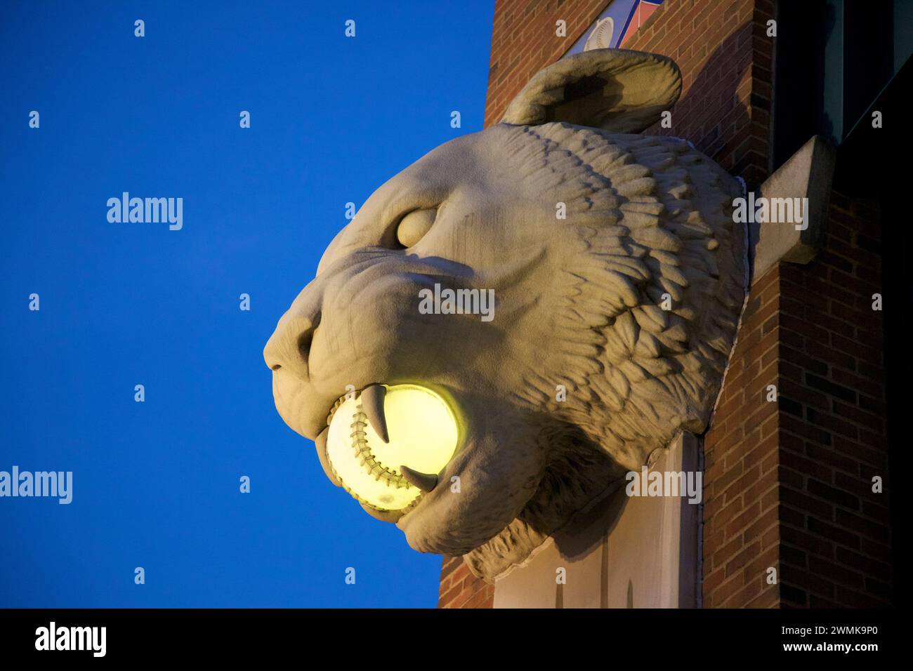 Tiger Head Skulptur mit einem beleuchteten Baseball im Mund vor dem Baseballstadion in Detroit, Michigan, USA Stockfoto