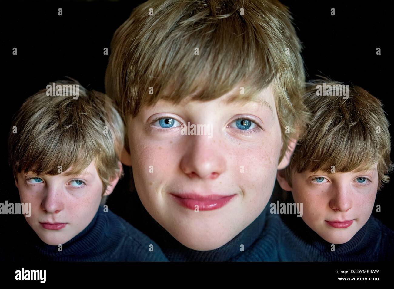 Mehrfachbelichtung eines Jungen im Grundalter, der eine Mischung aus Emotionen zeigt; Studio Stockfoto