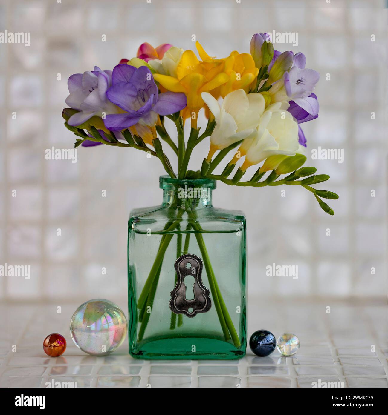 Freisitze in einer Glasvase angeordnet; Studio Stockfoto