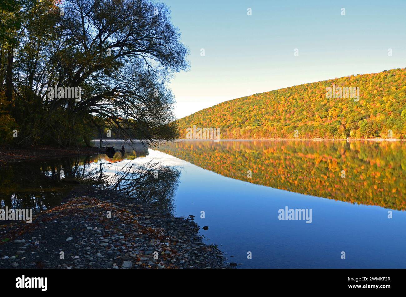 Atemberaubende Aussicht auf die herbstlichen Farben, die sich im Canadice Lake widerspiegeln; Finger Lakes, New York, Vereinigte Staaten von Amerika Stockfoto