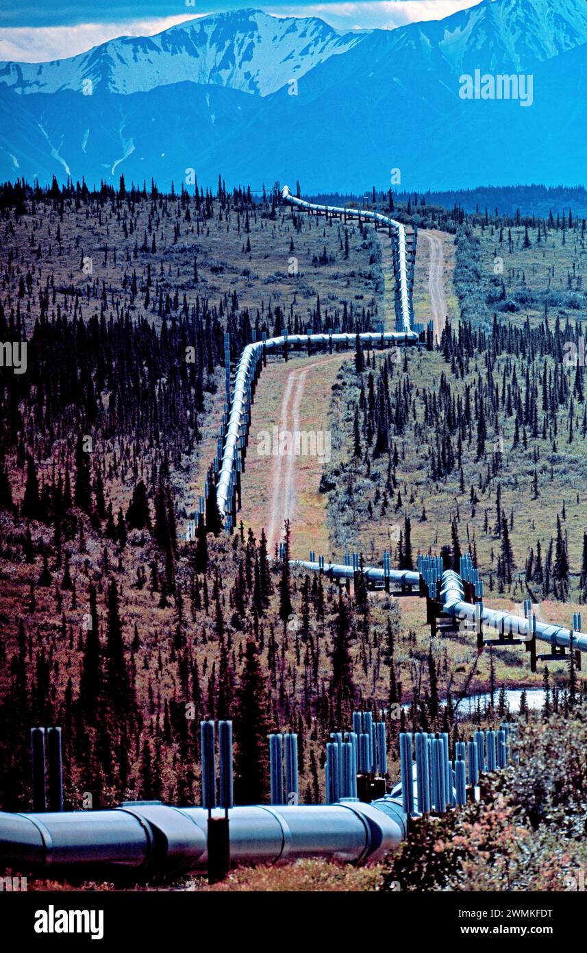 Ausblicke entlang des Dalton Highway zeigen das Trans-Alaska Pipeline System (TAPPS), ein Öltransportsystem, das Alaska umspannt und die Trans... Stockfoto