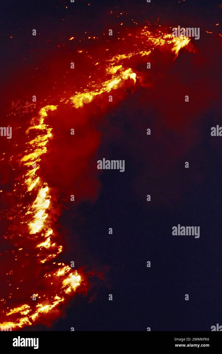 Die Flammen springen hoch, während sich ein durch Blitze verursachtes Waldfeuer entlang einer Bergrücke in die Nacht ausbreitet. Wilde Landbrände Kosten Millionen von Dollar ... Stockfoto