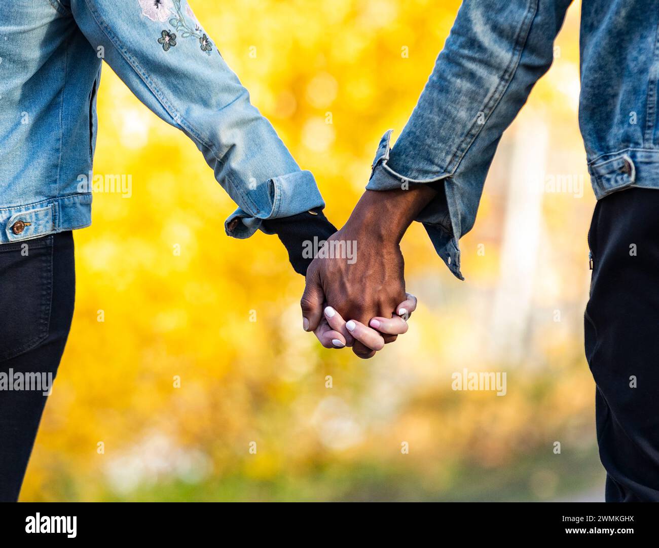Nahaufnahme der gefesselten Hände eines gemischten Rassenpaares, das Hände hält und während eines Familienausflugs im Herbst in einem Stadtpark wertvolle Zeit miteinander verbringt Stockfoto