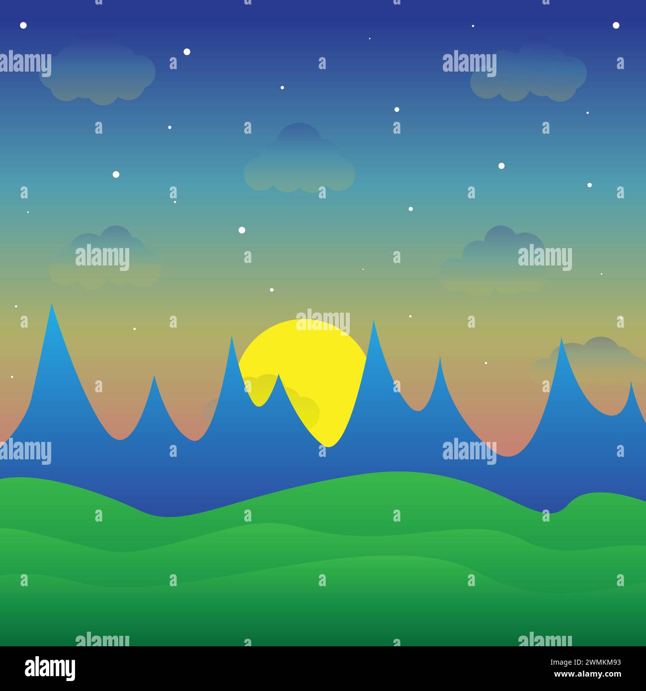 Schöne Naturlandschaft moderner Stil Sonnenuntergang Illustration, mit stilvollem flachem Design, Haus, Bäumen, Banner und Feld Cartoon Hintergrund Stock Vektor