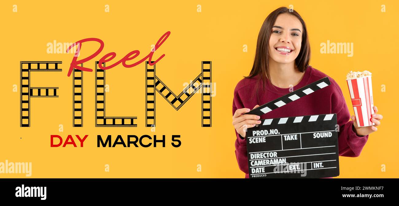 Banner für den Reel Film Day mit einer jungen Frau mit Popcorn und Filmklatscher Stockfoto