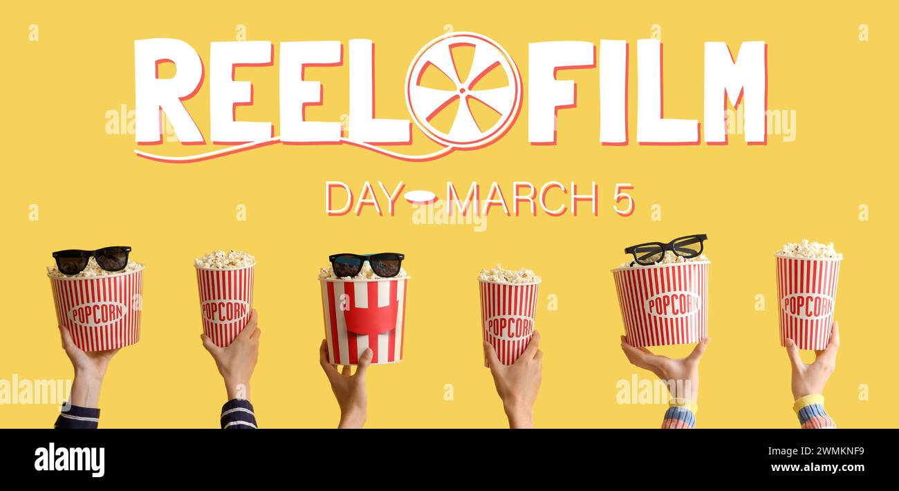 Banner für den Reel Film Day mit vielen Händen, die Popcorn in Eimern halten Stockfoto