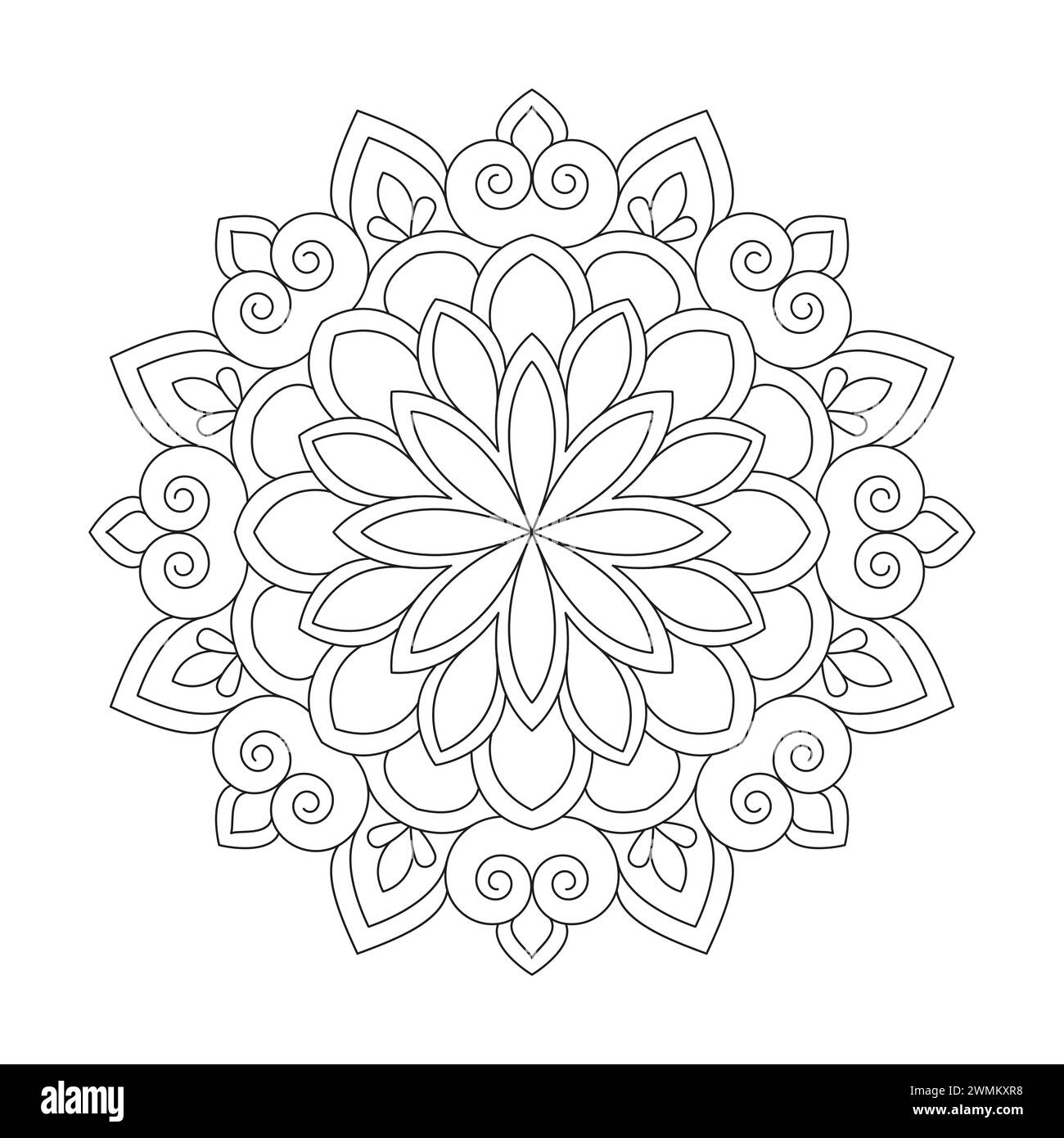 Luminous Dekorative Mandala Malbuchseite für kdp Buchinnenraum. Friedliche Blütenblätter, Fähigkeit zum Entspannen, Gehirnerlebnisse, harmonischer Hafen, friedlich Stock Vektor