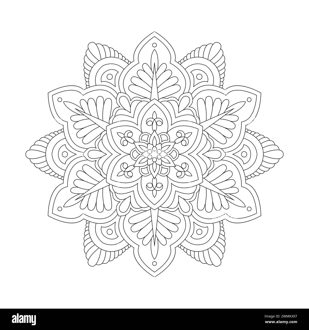 Luminous Achtsamkeit Mandala Malbuch Seite für kdp Book Interior. Friedliche Blütenblätter, Fähigkeit zum Entspannen, Gehirnerlebnisse, harmonischer Hafen, Peacefu Stock Vektor