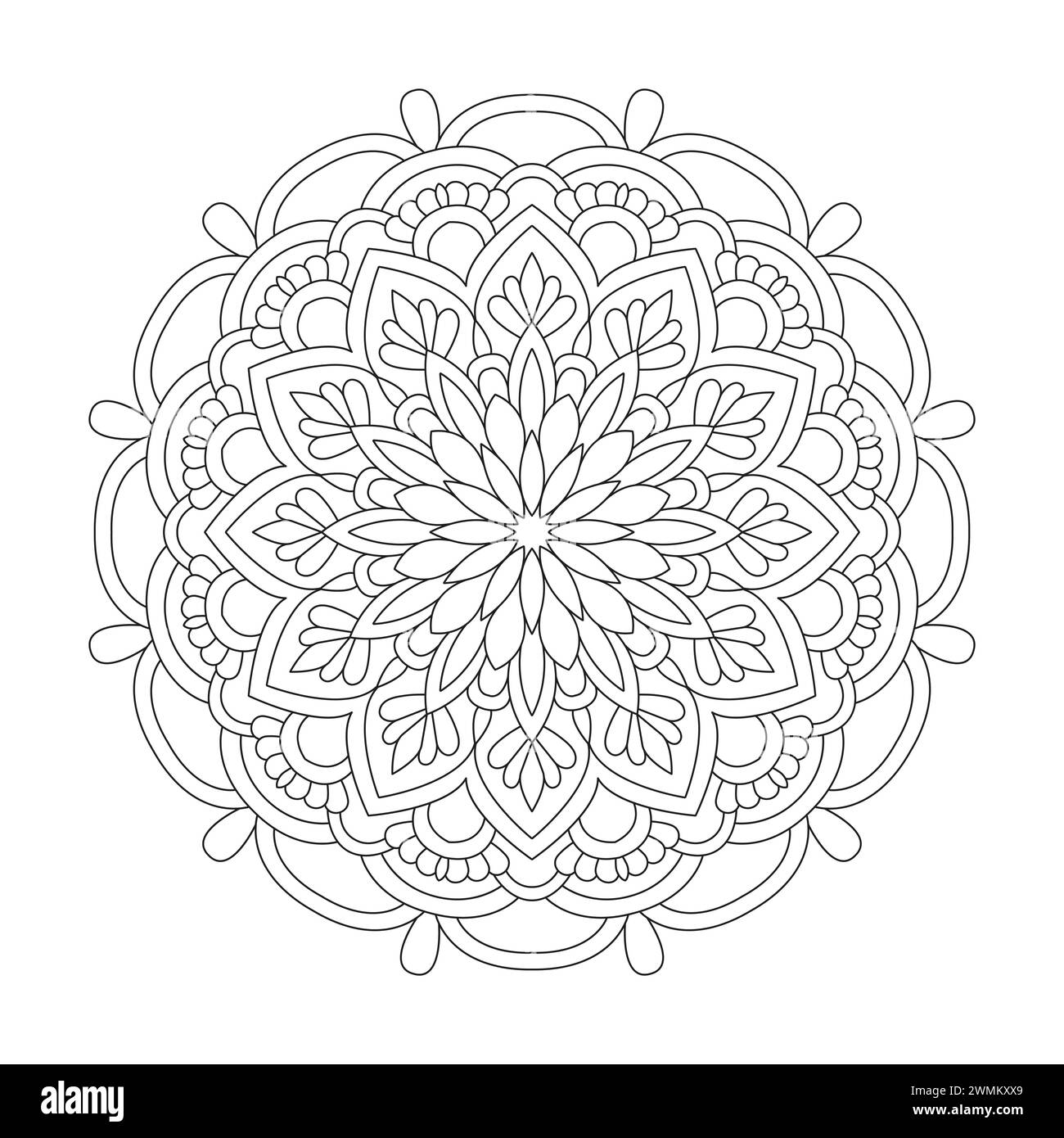 Leuchtende Entspannung Mandala Coloring Book Page für kdp Book Interior. Friedliche Blütenblätter, Fähigkeit zum Entspannen, Gehirnerlebnisse, harmonischer Hafen, friedlich Stock Vektor