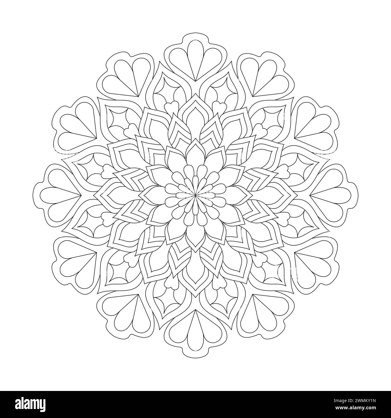 Leuchtende attraktive Mandala Malbuchseite für kdp-Bucheinbau. Friedliche Blütenblätter, Fähigkeit zum Entspannen, Gehirnerlebnisse, harmonischer Hafen, friedlich Stock Vektor