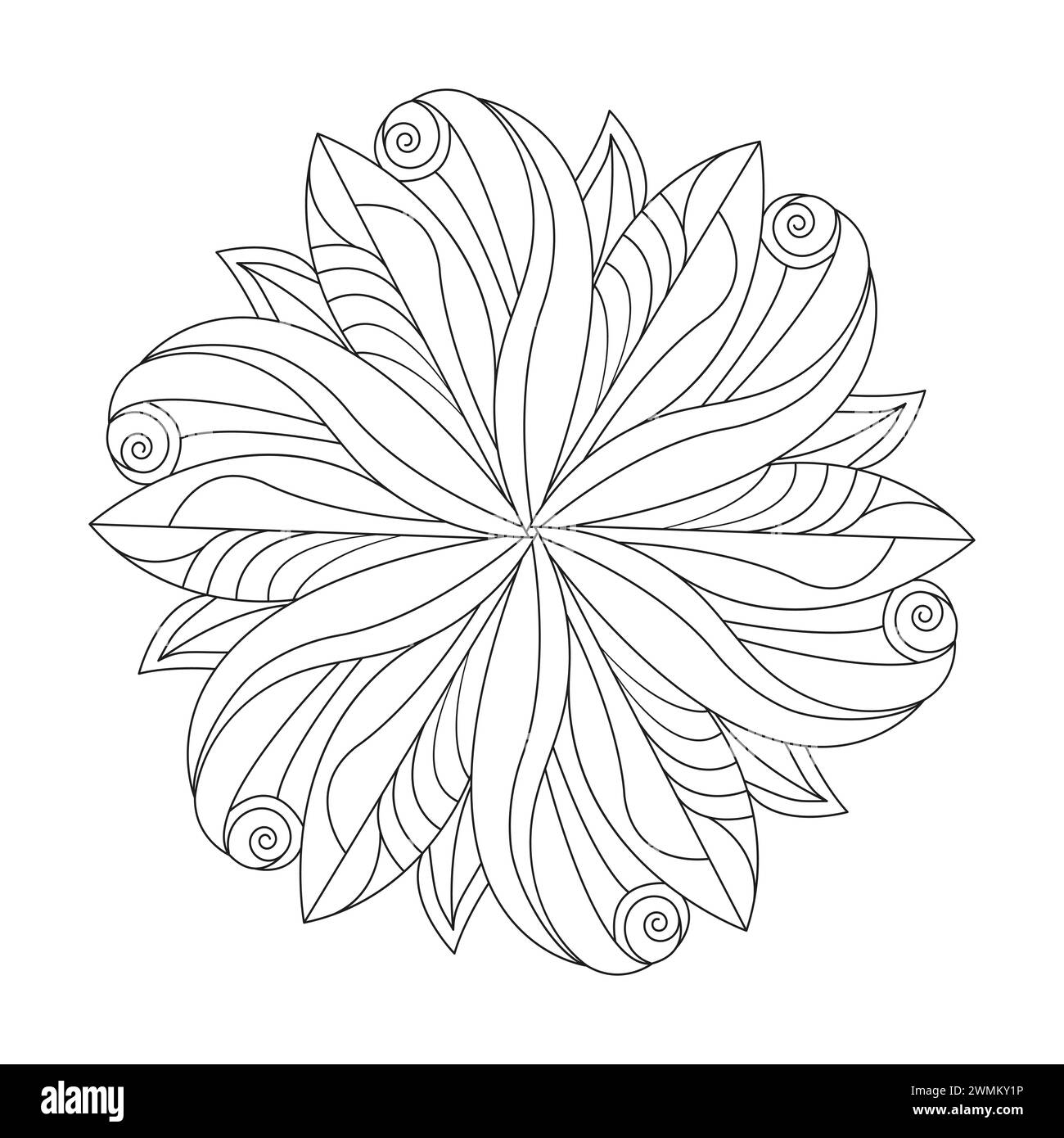 Luminous Abstract Mandala Malbuchseite für kdp Buchinnenraum. Friedliche Blütenblätter, Fähigkeit zum Entspannen, Gehirnerlebnisse, harmonischer Hafen, friedliche P Stock Vektor