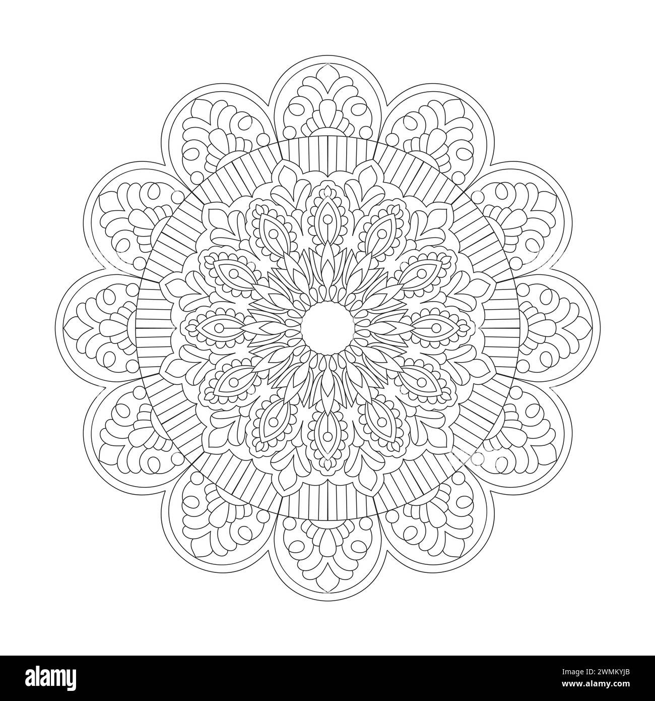 Simplicity Center Mandala Malbuch Seite für KDP Book Interior. Friedliche Blütenblätter, Fähigkeit zum Entspannen, Gehirnerlebnisse, harmonischer Hafen, friedlich Stock Vektor