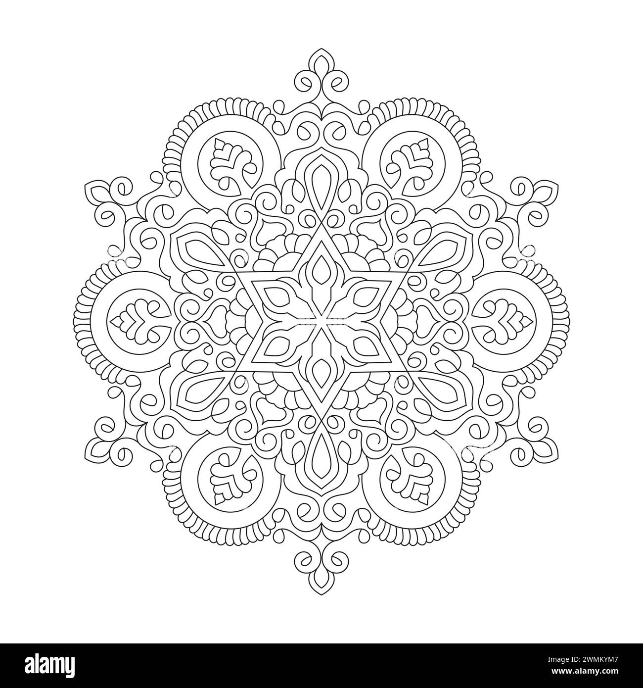 Simplicity Mystical Mandala Coloring Book Page für kdp Book Interior. Friedliche Blütenblätter, Fähigkeit zum Entspannen, Gehirnerlebnisse, harmonischer Hafen, friedlich Stock Vektor