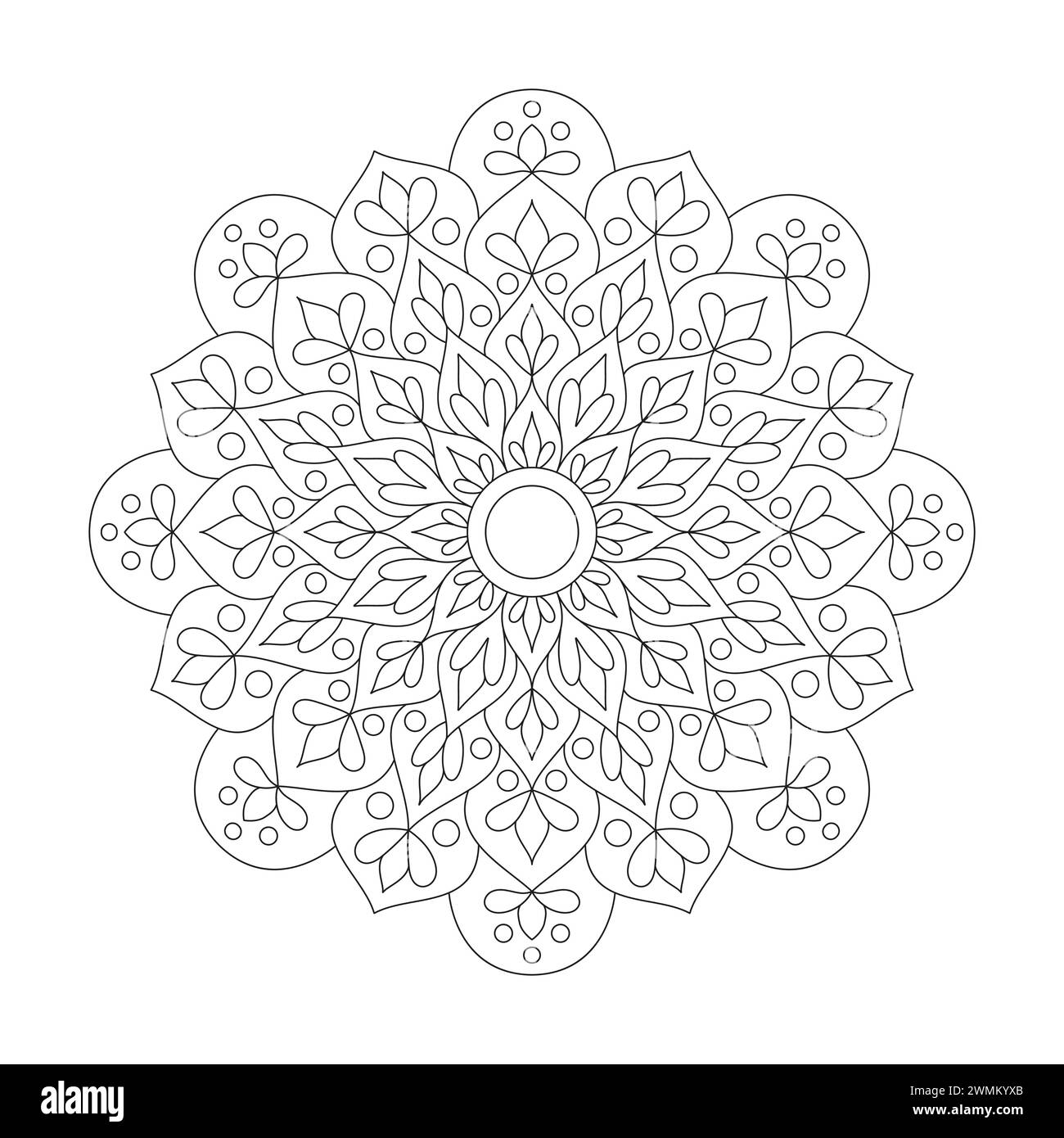 Rätselhafte Whirlwind Mandala Malbuchseite für KDP Book Interior. Friedliche Blütenblätter, Fähigkeit zum Entspannen, Gehirnerlebnisse, harmonischer Hafen, friedlich Stock Vektor