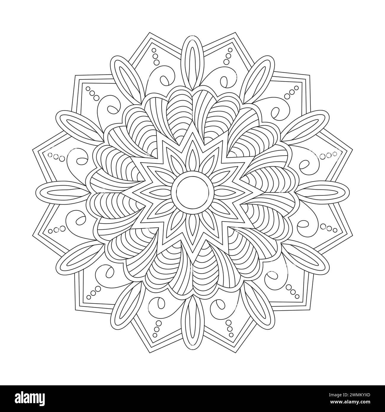 Rätselhafte, wunderschöne Mandala Malbuchseite für KDP Book Interior. Friedliche Blütenblätter, Fähigkeit zum Entspannen, Gehirnerlebnisse, harmonischer Hafen, friedlich Stock Vektor