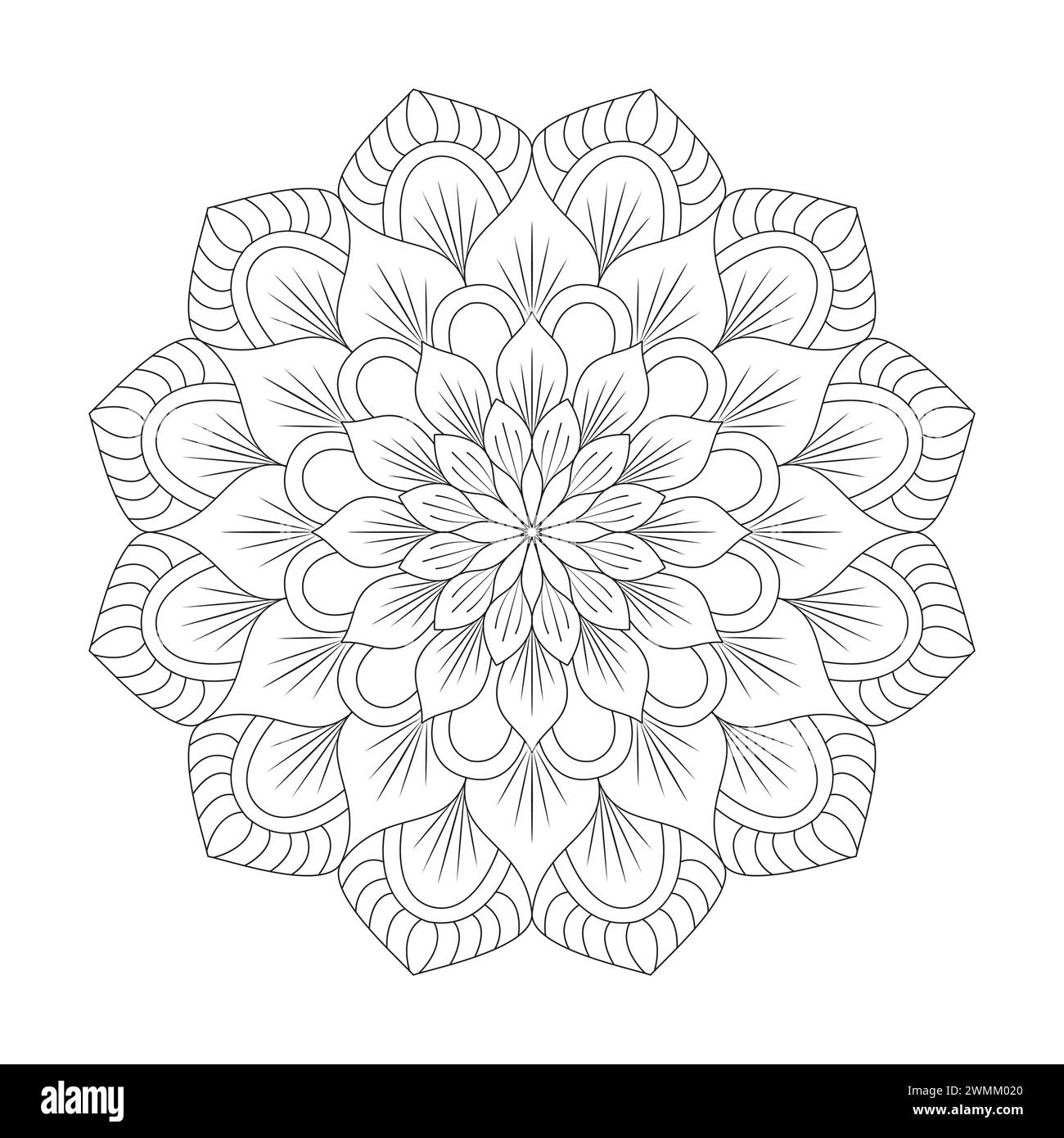 Rätselhafte Floral Creativity Mandala Malbuchseite für kdp Book Interior. Friedliche Blütenblätter, Fähigkeit zum Entspannen, Gehirnerlebnisse, harmonische Oase, Stock Vektor