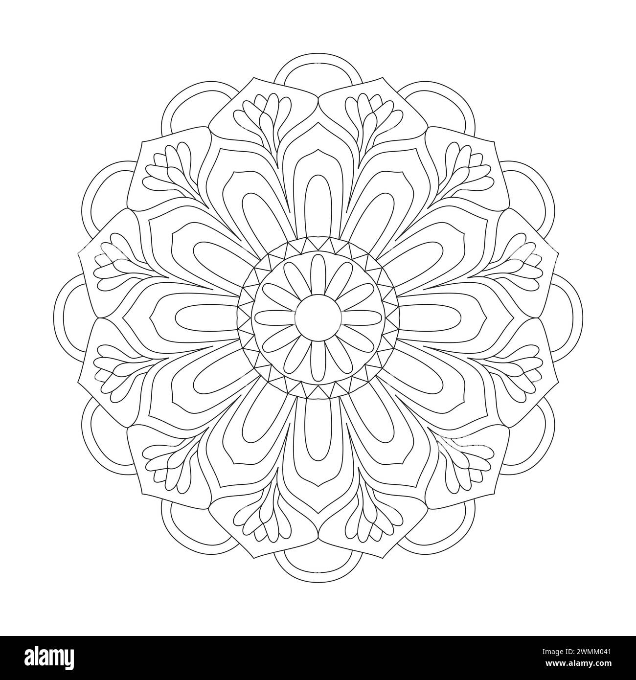 Rätselhafte Dekorative Mandala Malbuchseite für kdp Buchinnenraum. Friedliche Blütenblätter, Fähigkeit zum Entspannen, Gehirnerlebnisse, harmonischer Hafen, Peacefu Stock Vektor