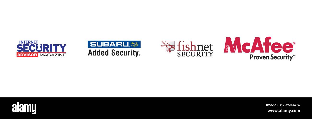 McAfee Proven Security, Internet Security Advisor, Subaru fügte Sicherheit hinzu, Fishnet Security. Redaktionelle Vektor-Logokollektion. Stock Vektor