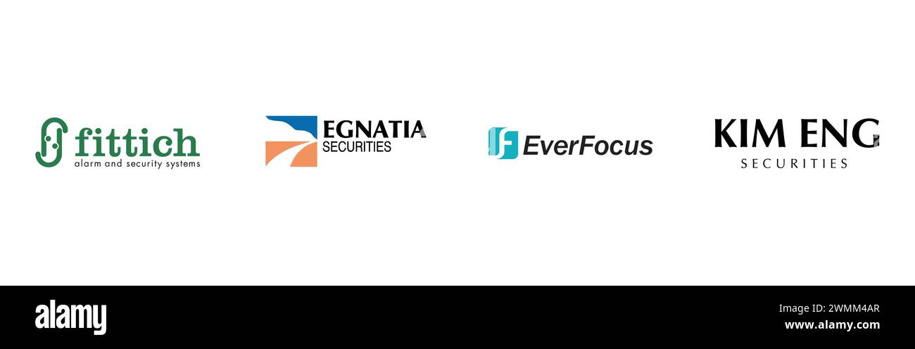 EverFocus, Egnatia Securities, Fittich, Kim eng Securities. Redaktionelle Vektor-Logokollektion. Stock Vektor