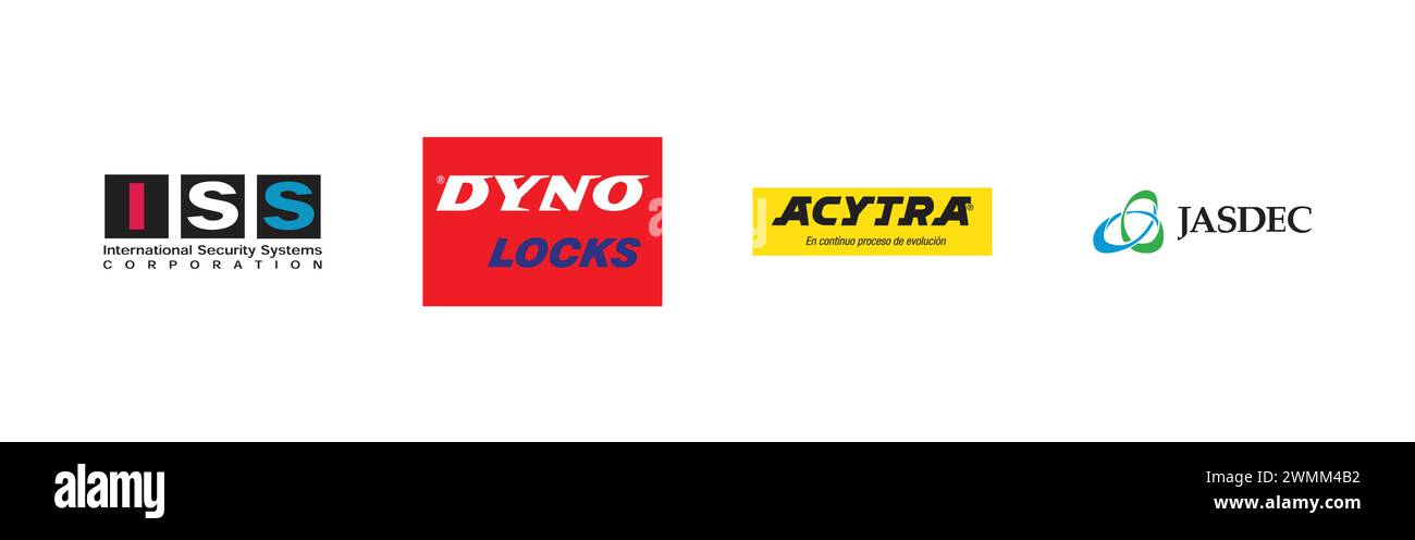 Jasdec, ISS, Dyno Locks, Acytra. Redaktionelle Vektor-Logokollektion. Stock Vektor