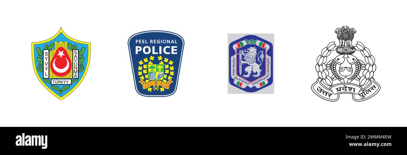 Syvyl Savunma, Uttar Pradesh Polizei, Bulgarien Polizeibehörde, Peel Regionalpolizei. Redaktionelle Vektor-Logokollektion. Stock Vektor