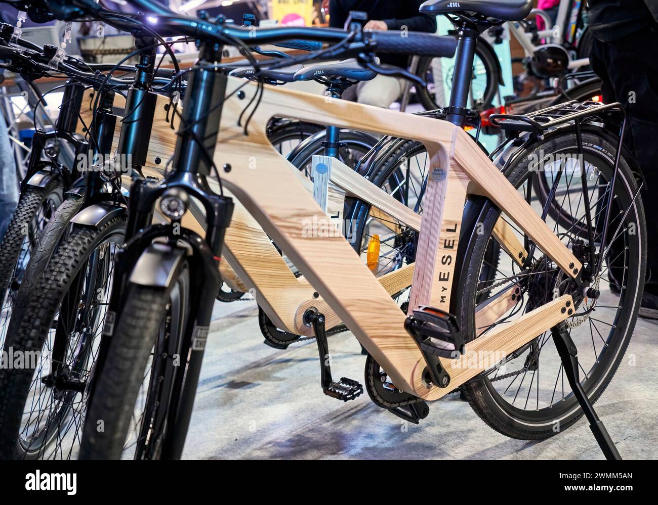 Mein Esel-Elektrofahrrad mit massivem Holzfahrradrahmen in braunschweig, deutschland, 24. februar 2024 Stockfoto